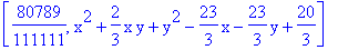 [80789/111111, x^2+2/3*x*y+y^2-23/3*x-23/3*y+20/3]